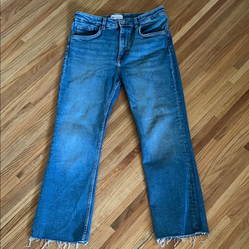 Zara Blue Straight Leg Jeans with Distressed Hem